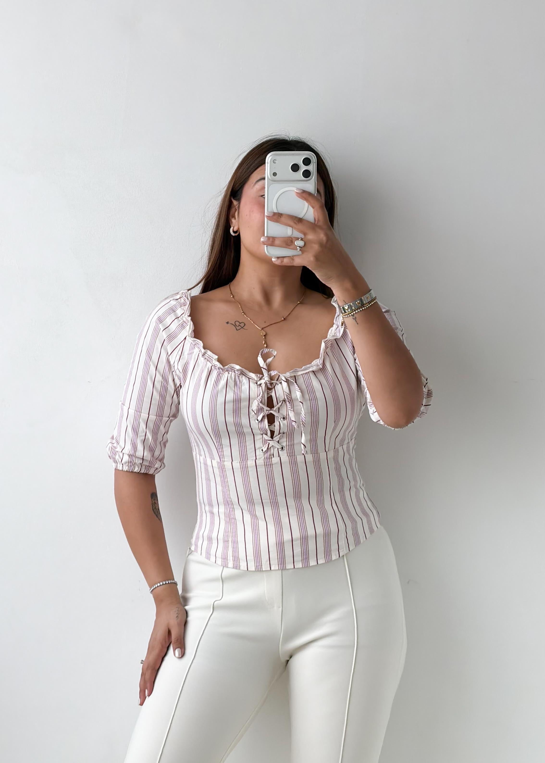 Size S-M Pink Striped Lace-Up Peasant Top
