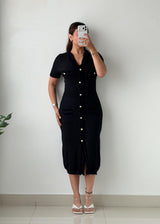 Size S-M Black Button-Front Bodycon Midi Dress