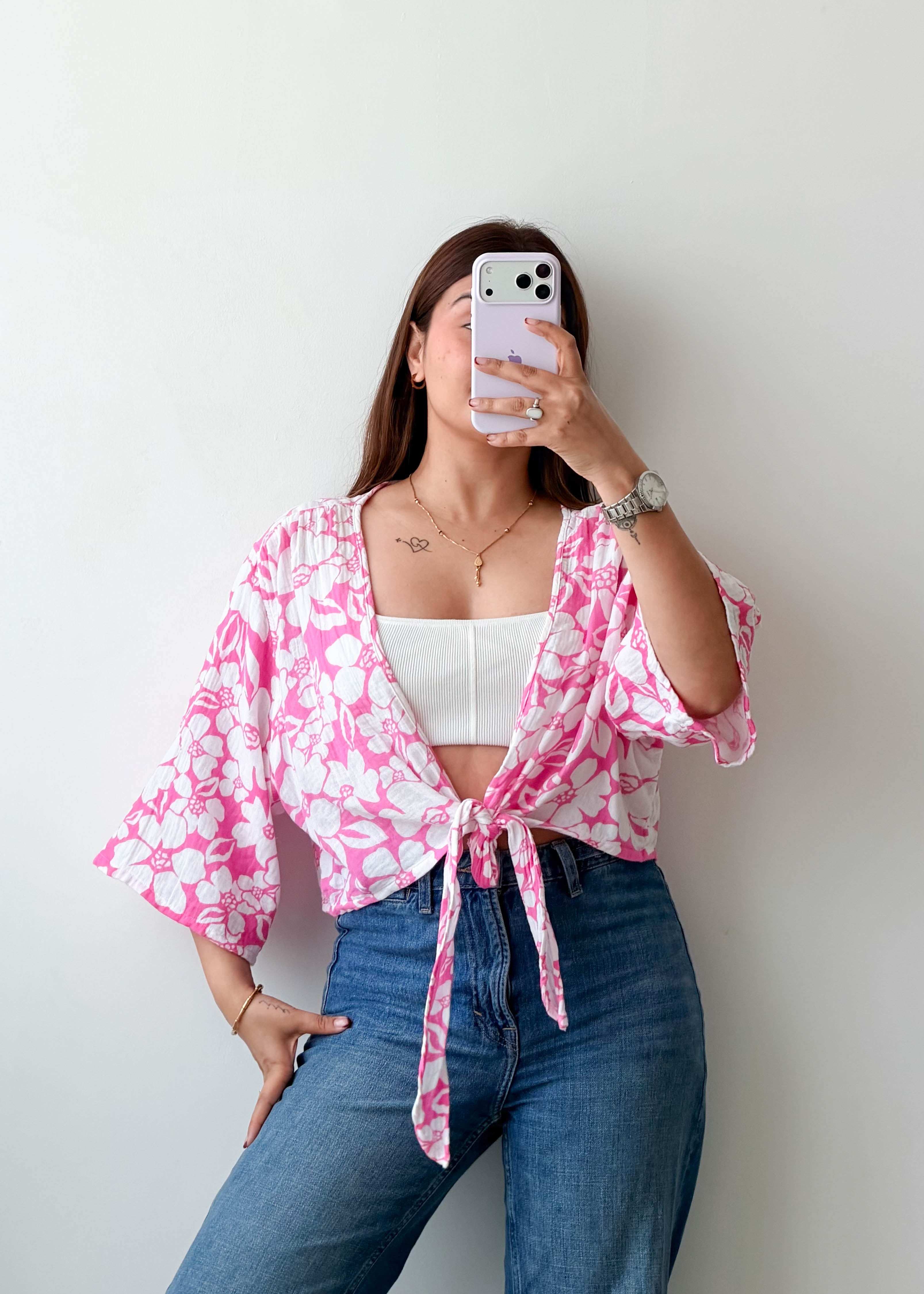 Size L-XL Pink Floral Tie-Up Crop Top