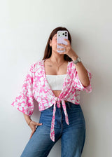 Size L-XL Pink Floral Tie-Up Crop Top