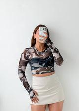 Size XS-S Grey Abstract Mesh Crop Top