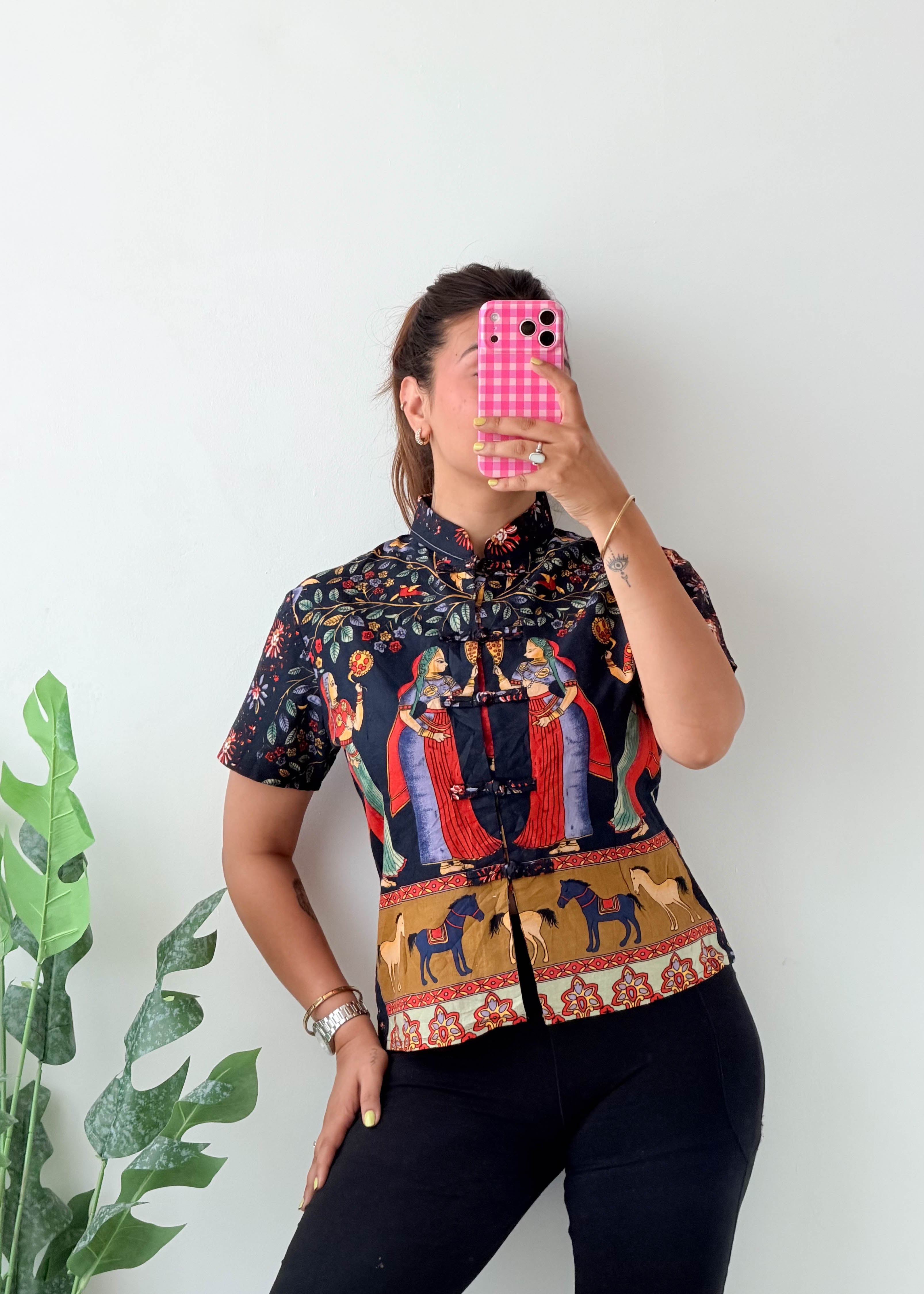 Size S-M Black Oriental Print Mandarin Collar Shirt