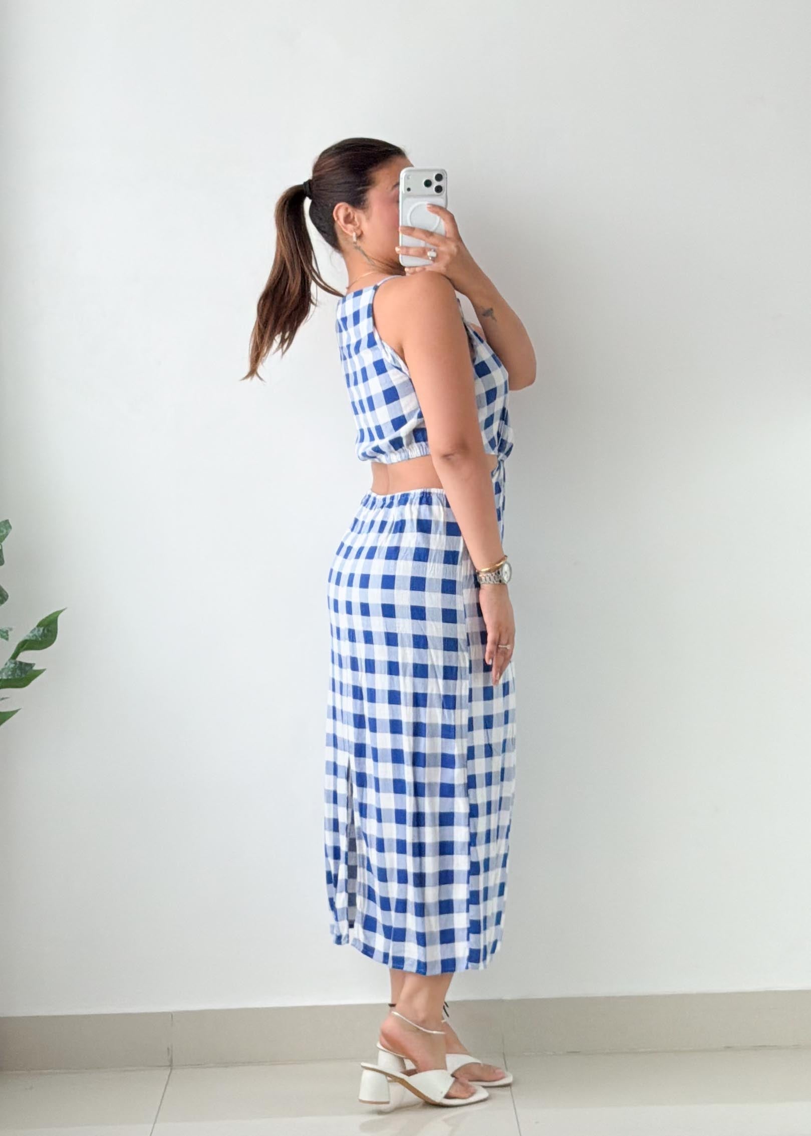 Size S-M Blue Gingham Cut-Out Midi Dress