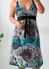 Size M-L Blue Printed Tie-Waist Midi Dress