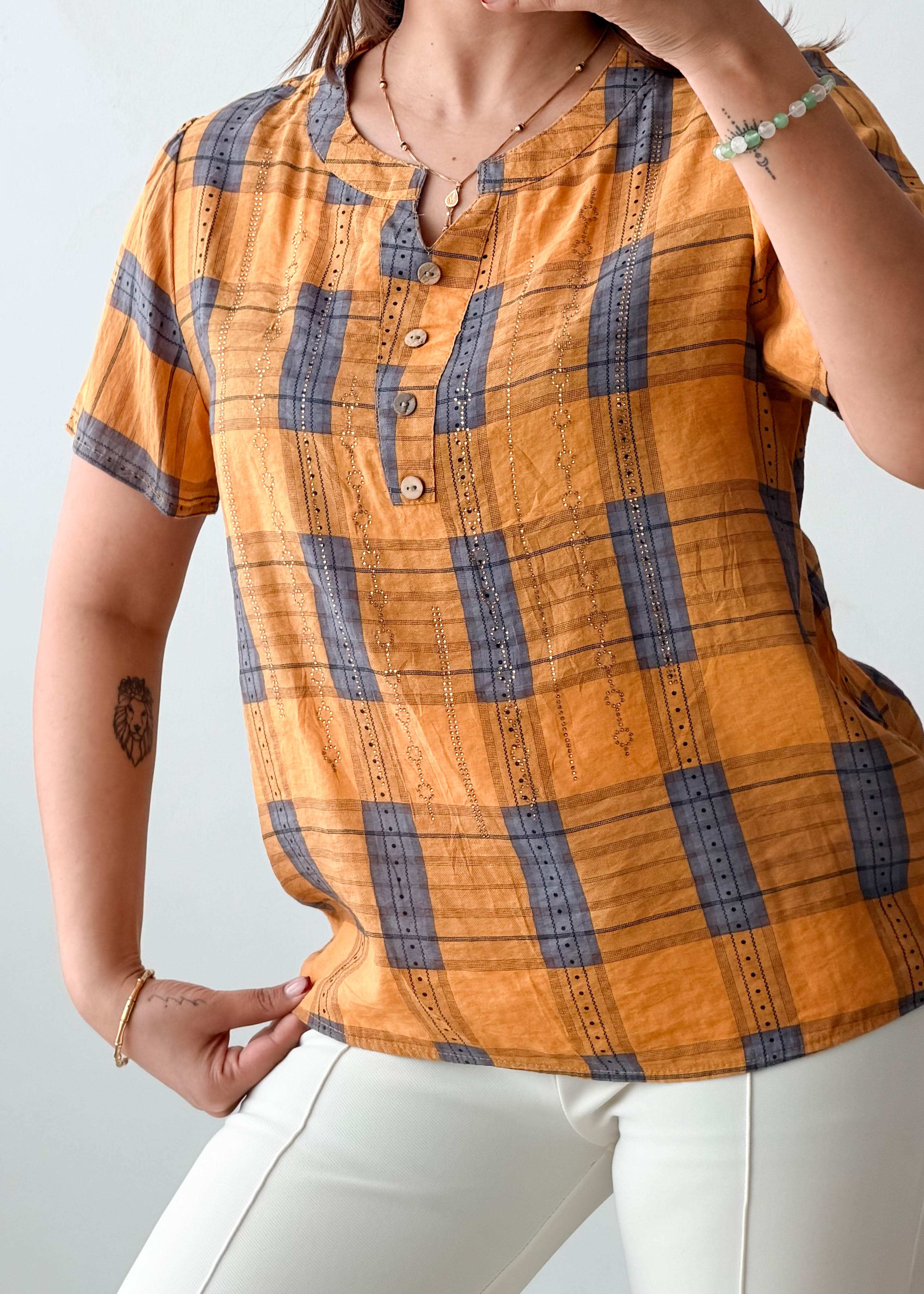 XS-S Mustard Grey Check Cotton Top