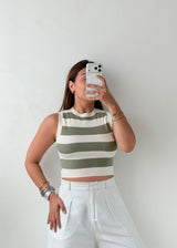 Size S-M Olive Striped High Neck Crop Top