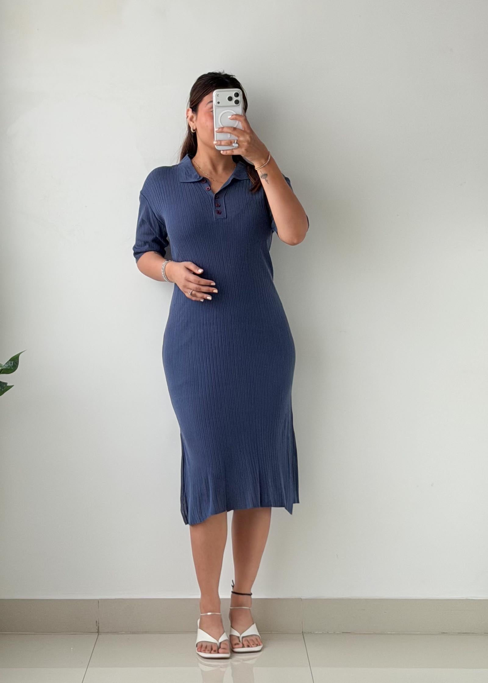 Size M-L Slate Blue Ribbed Polo Midi Dress