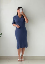 Size M-L Slate Blue Ribbed Polo Midi Dress