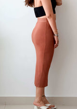 Waist 28-30 Brown Ribbed Midi Skirt