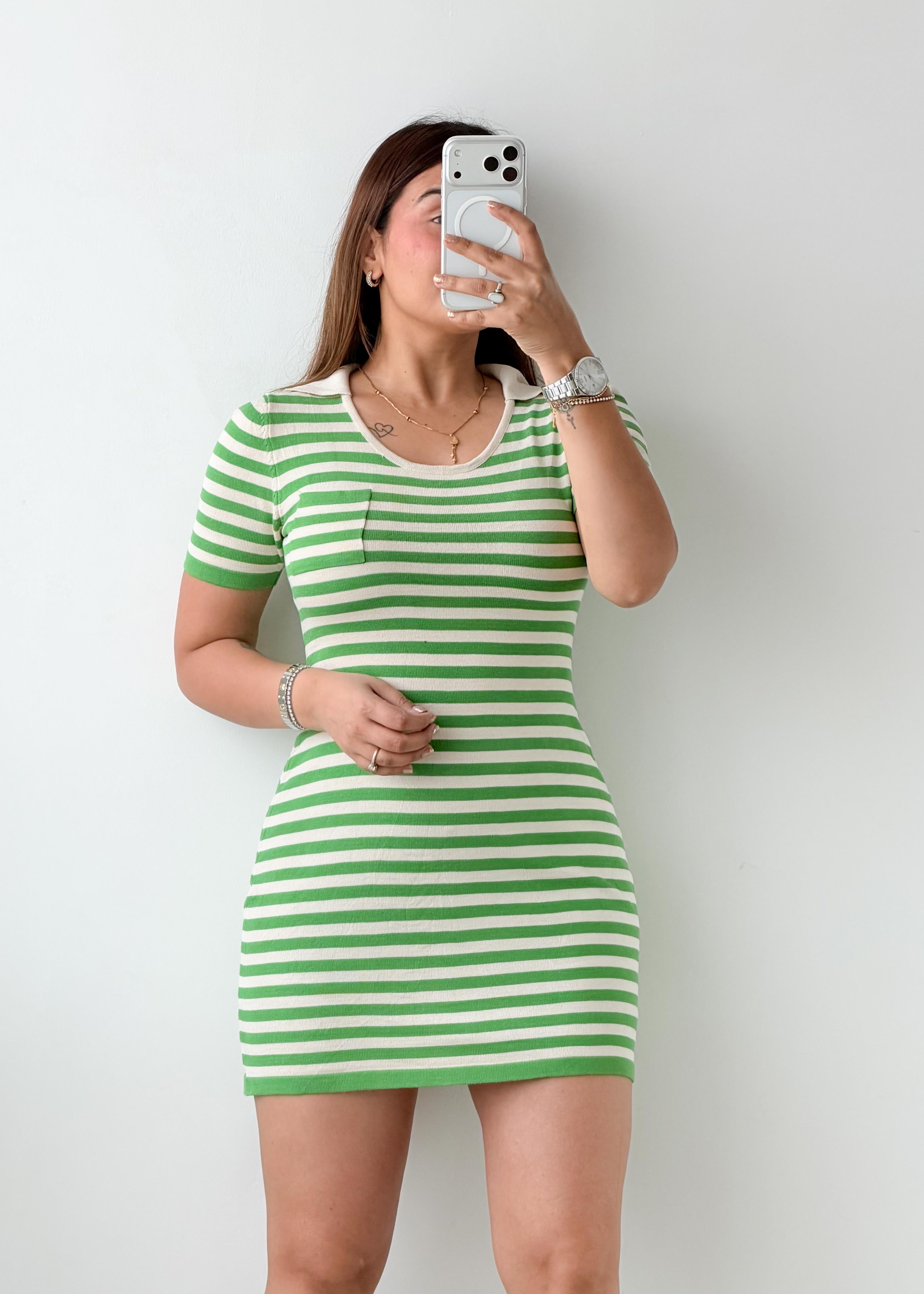 Size S-M Green & White Striped Knit Mini Dress