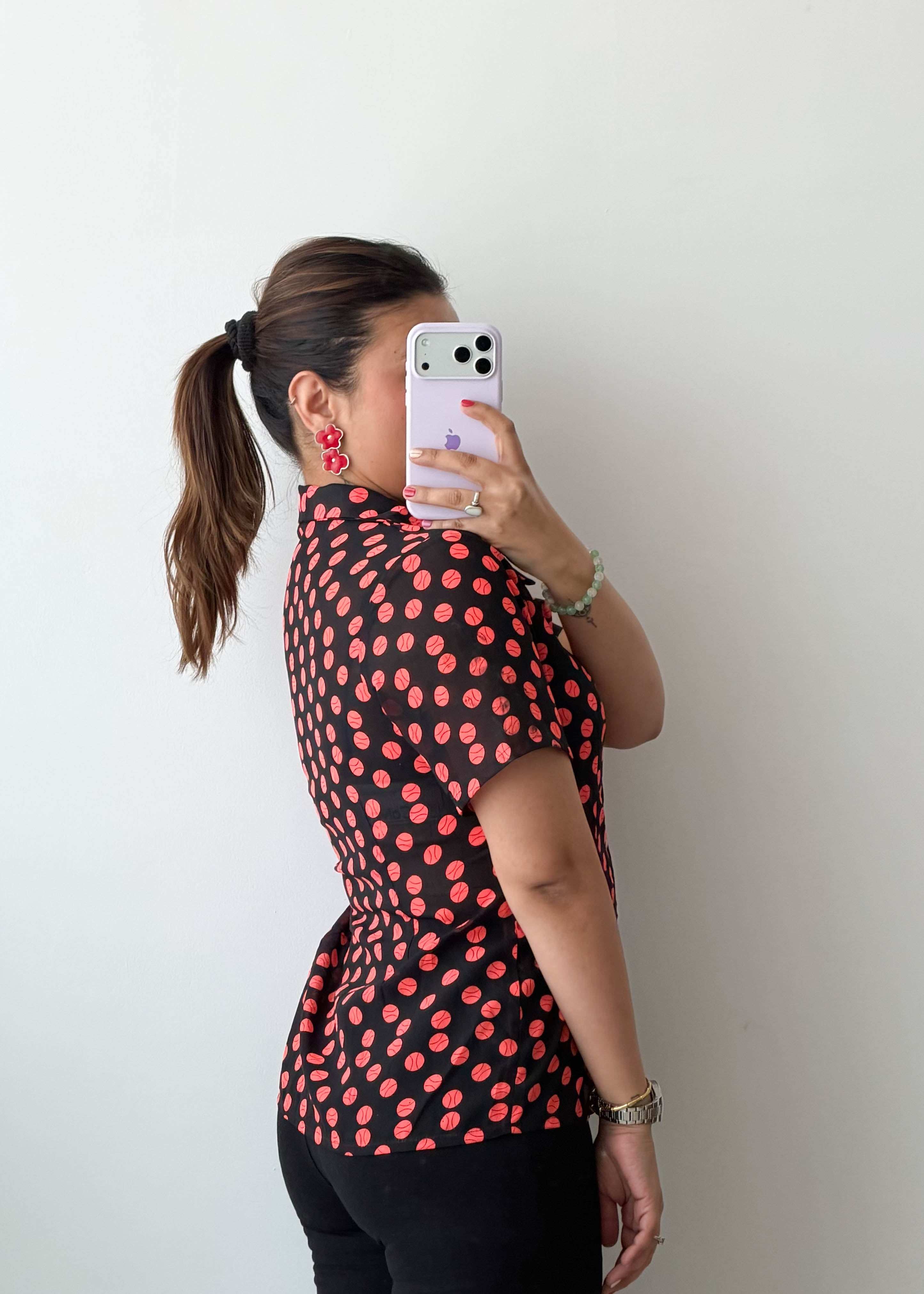 XS-S Black Red Polka Dot Viscose Crepe Shirt