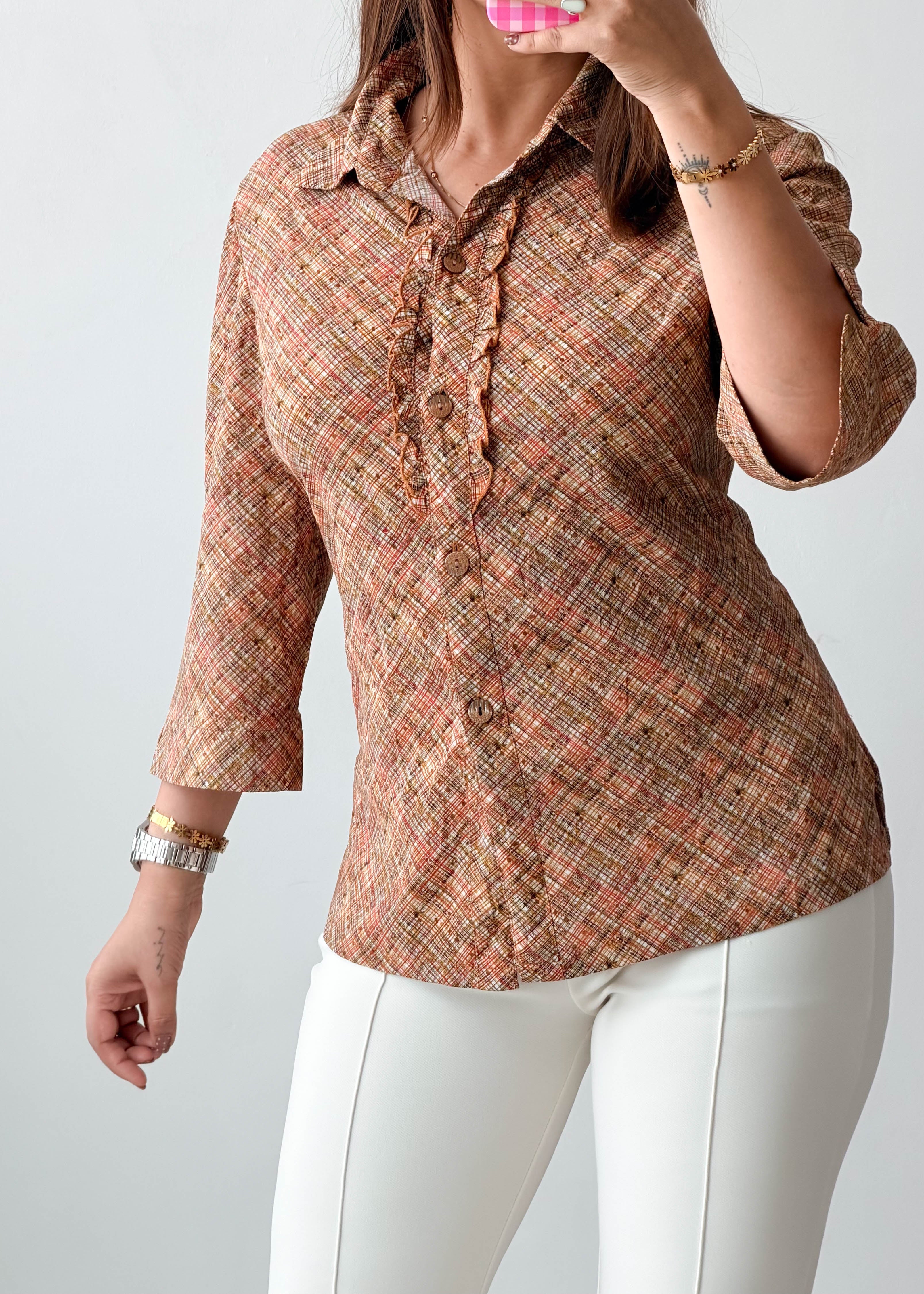 Size M-L Beige Brown Textured Shirt Top