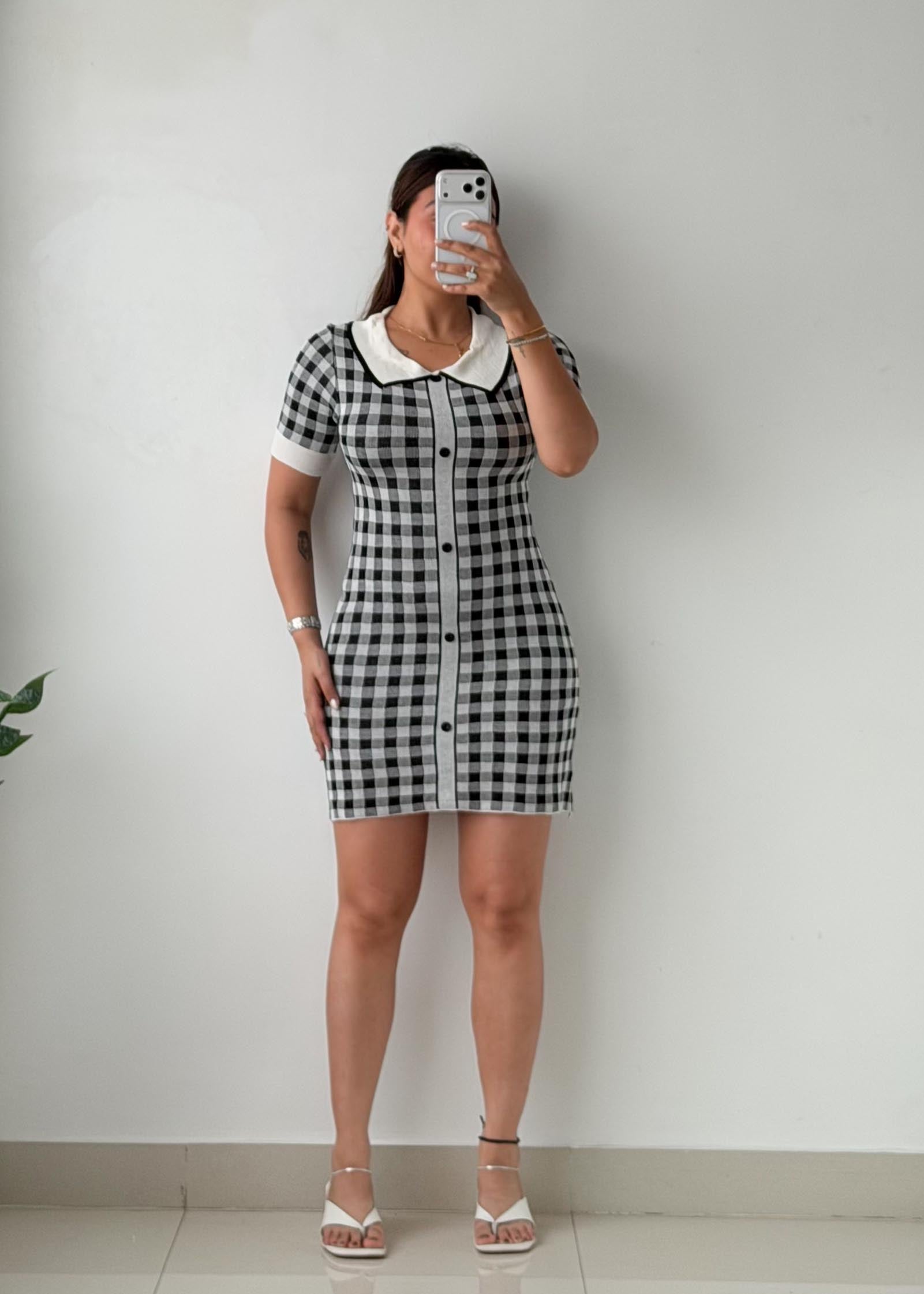 Size S-M Black & White Gingham Bodycon Mini Dress