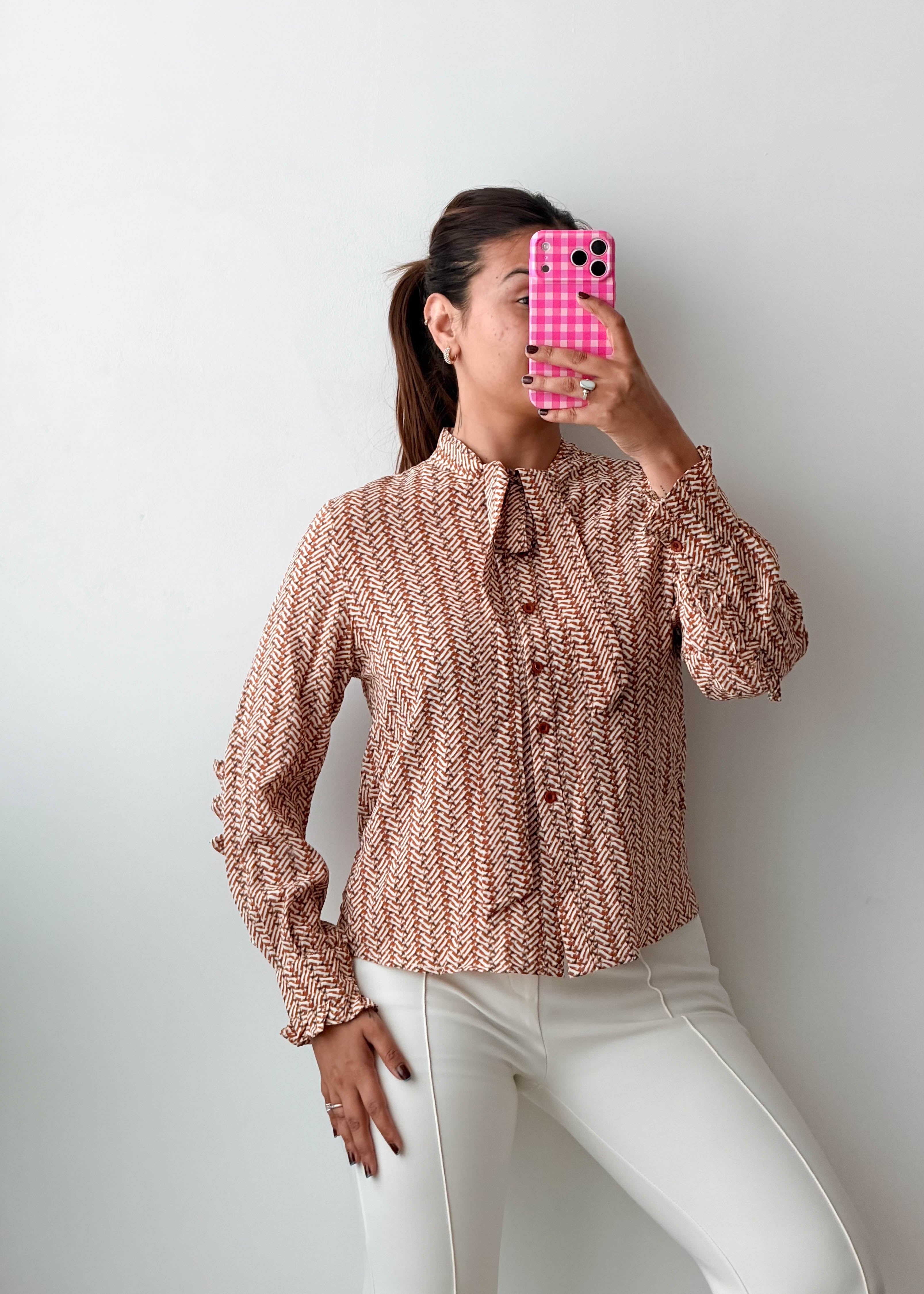 Size XS-S Beige Geometric Tie-Neck Chiffon Blouse