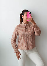 Size XS-S Beige Geometric Tie-Neck Chiffon Blouse