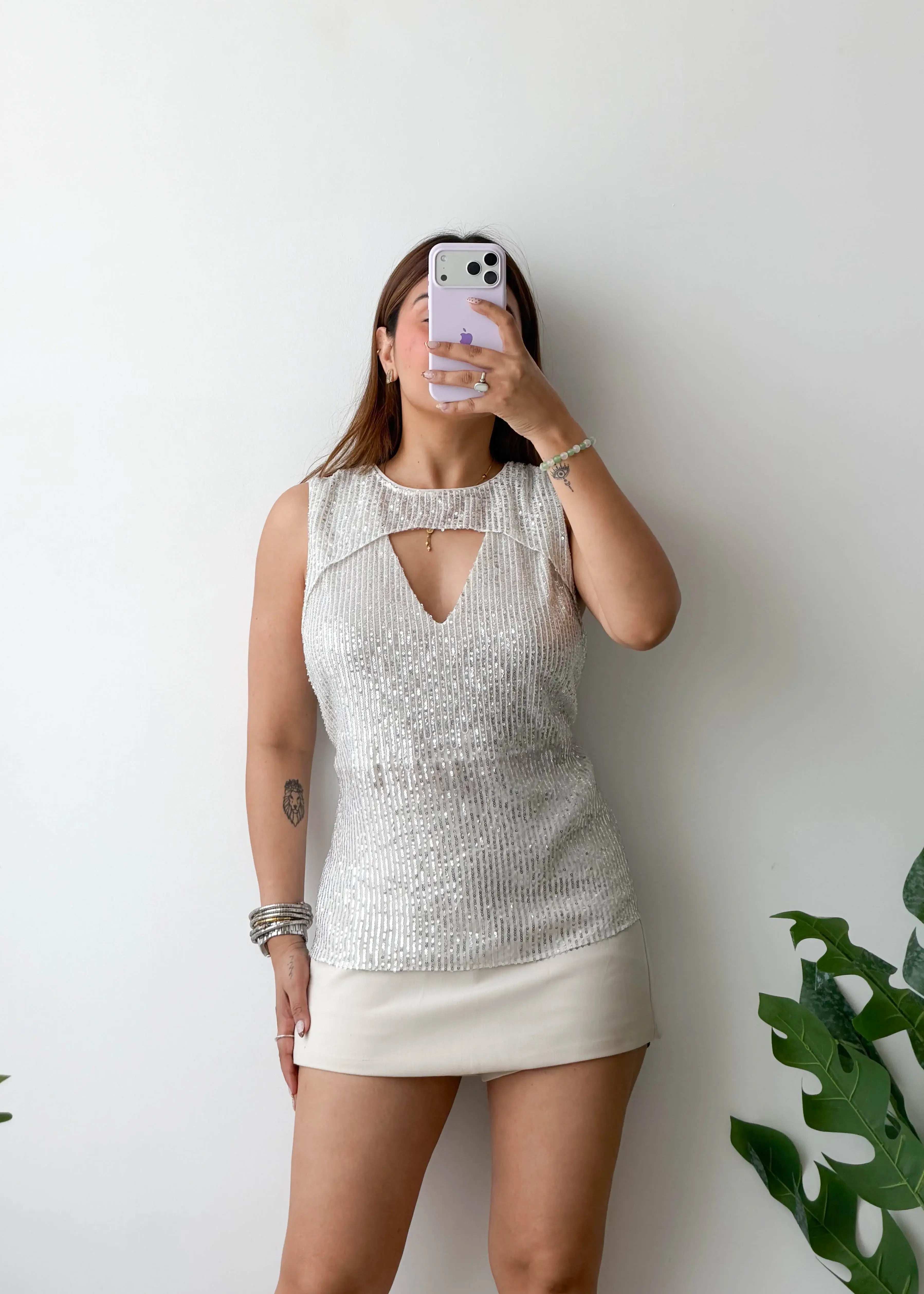 Size M-L, Silver Sequin Cut-Out Top