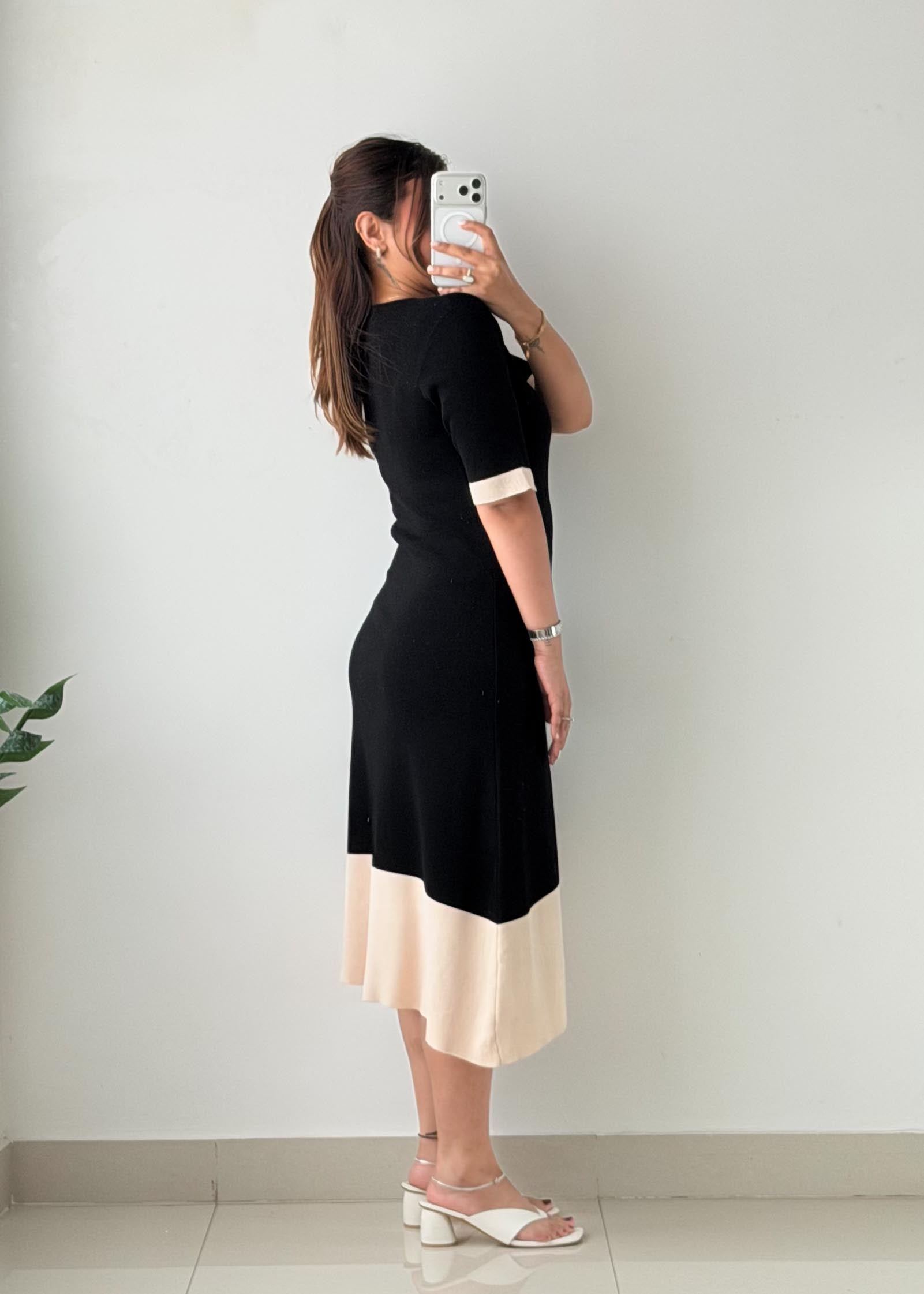 S-M Black & Cream Colorblock Midi Dress