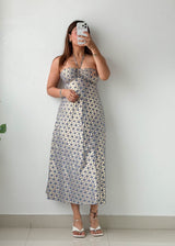 Size XS Cream Blue Printed Midi Dress