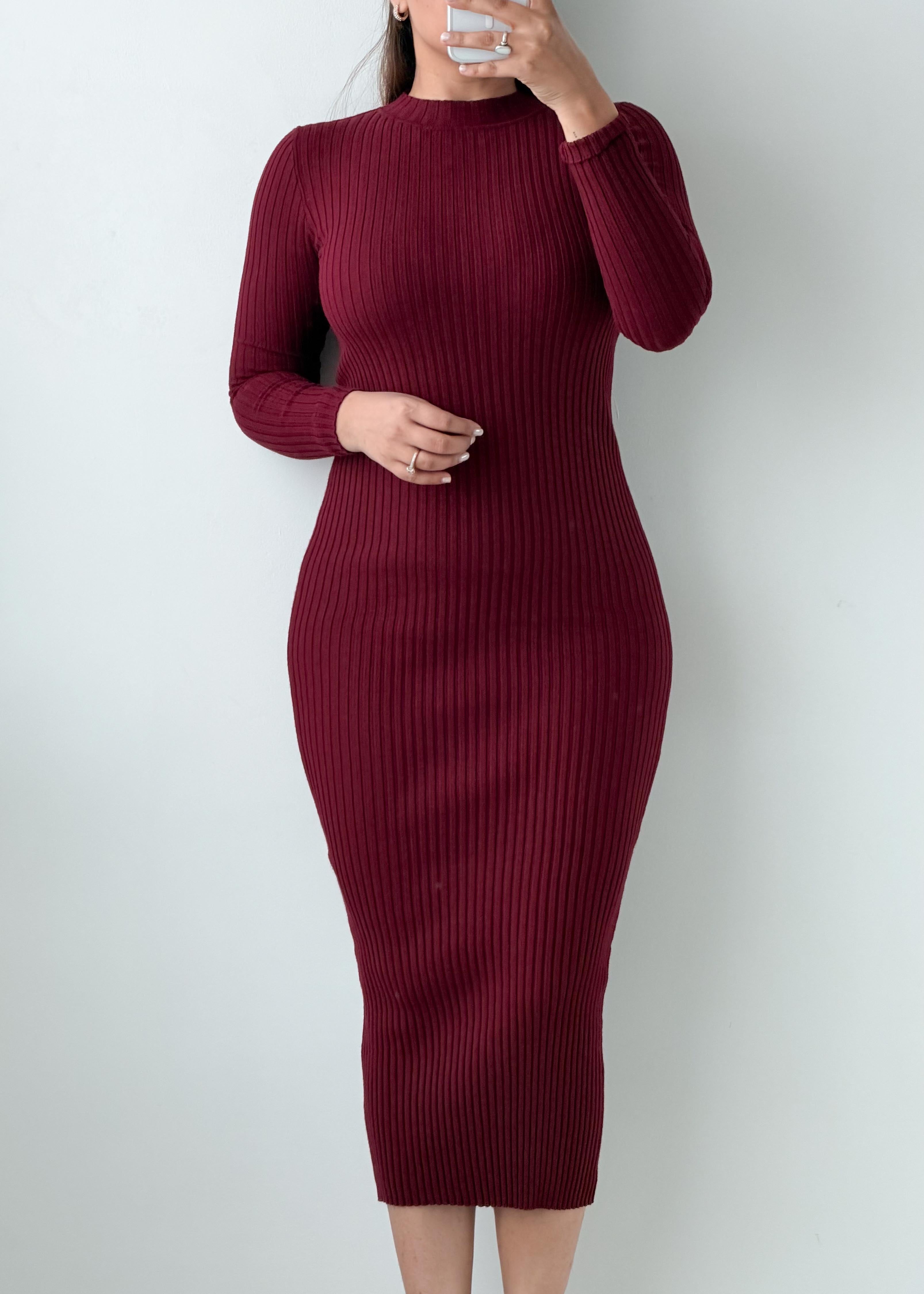 Size S-M Burgundy Ribbed Bodycon Midi Dress