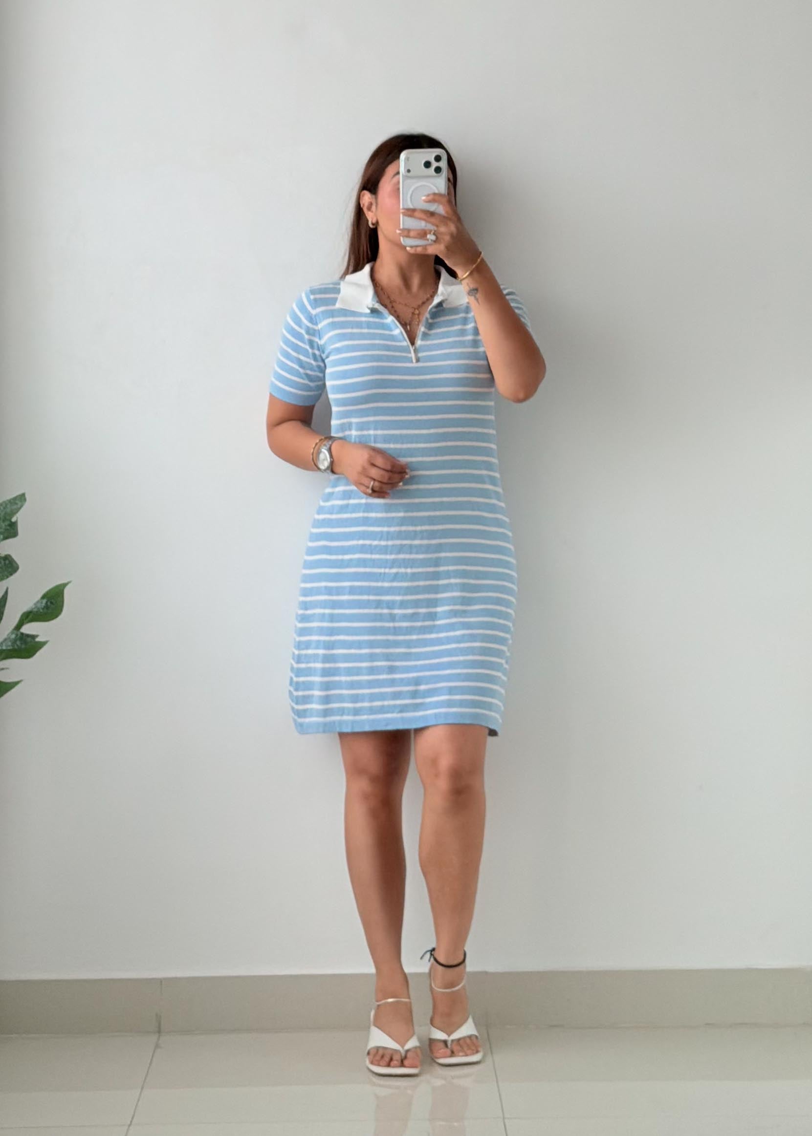 Size M-L Blue Stripe Polo Knit Mini Dress