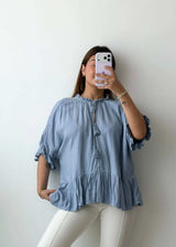 Size M-L Blue Frill Hem Top