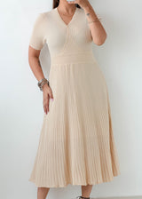 Size S-M Beige Ribbed Pleated Midi Dress