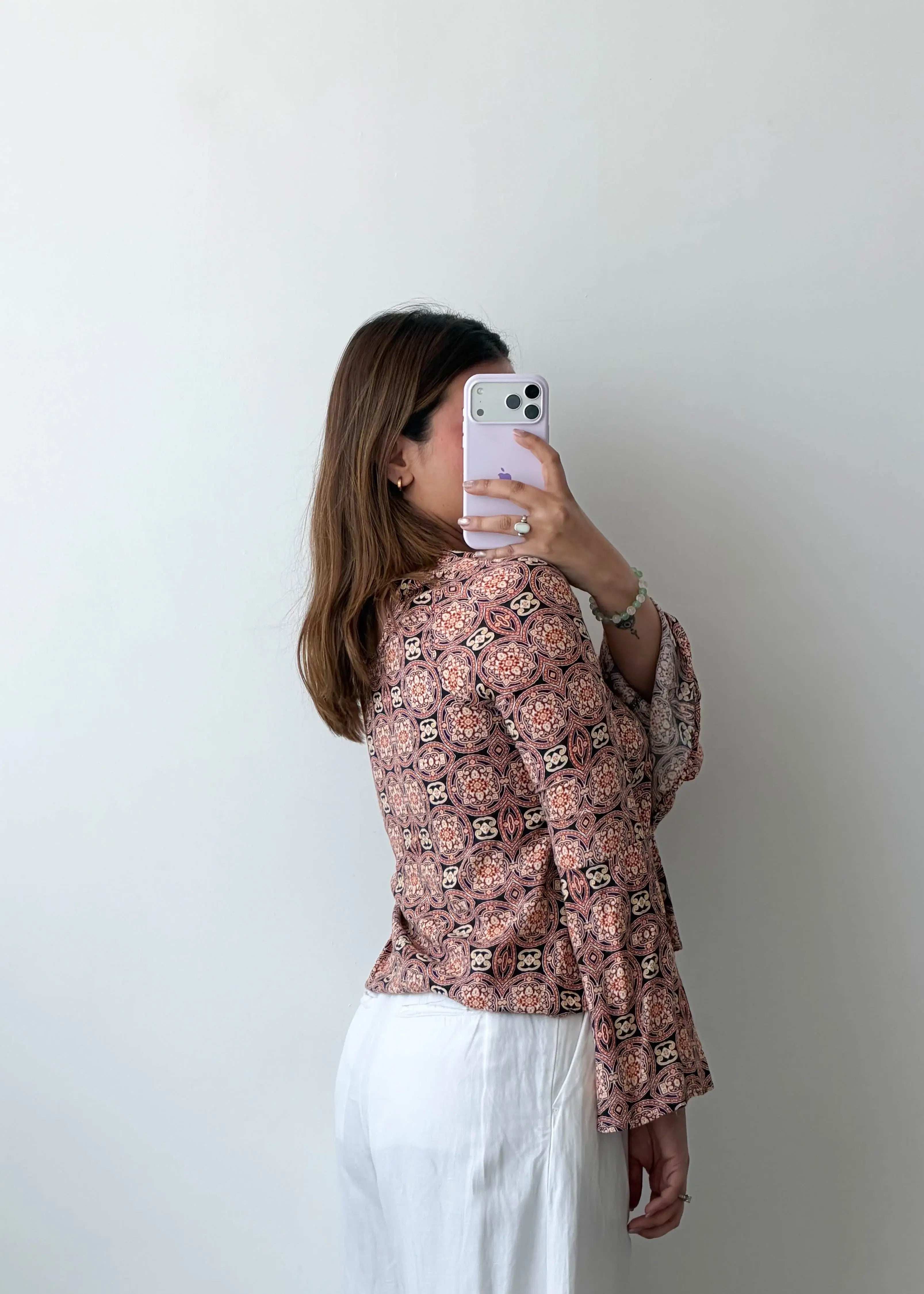 Size S-M Brown Printed V-Neck Top