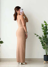 Size S-M, Beige V-Neck Ribbed Maxi Dress - Closet by Payal
