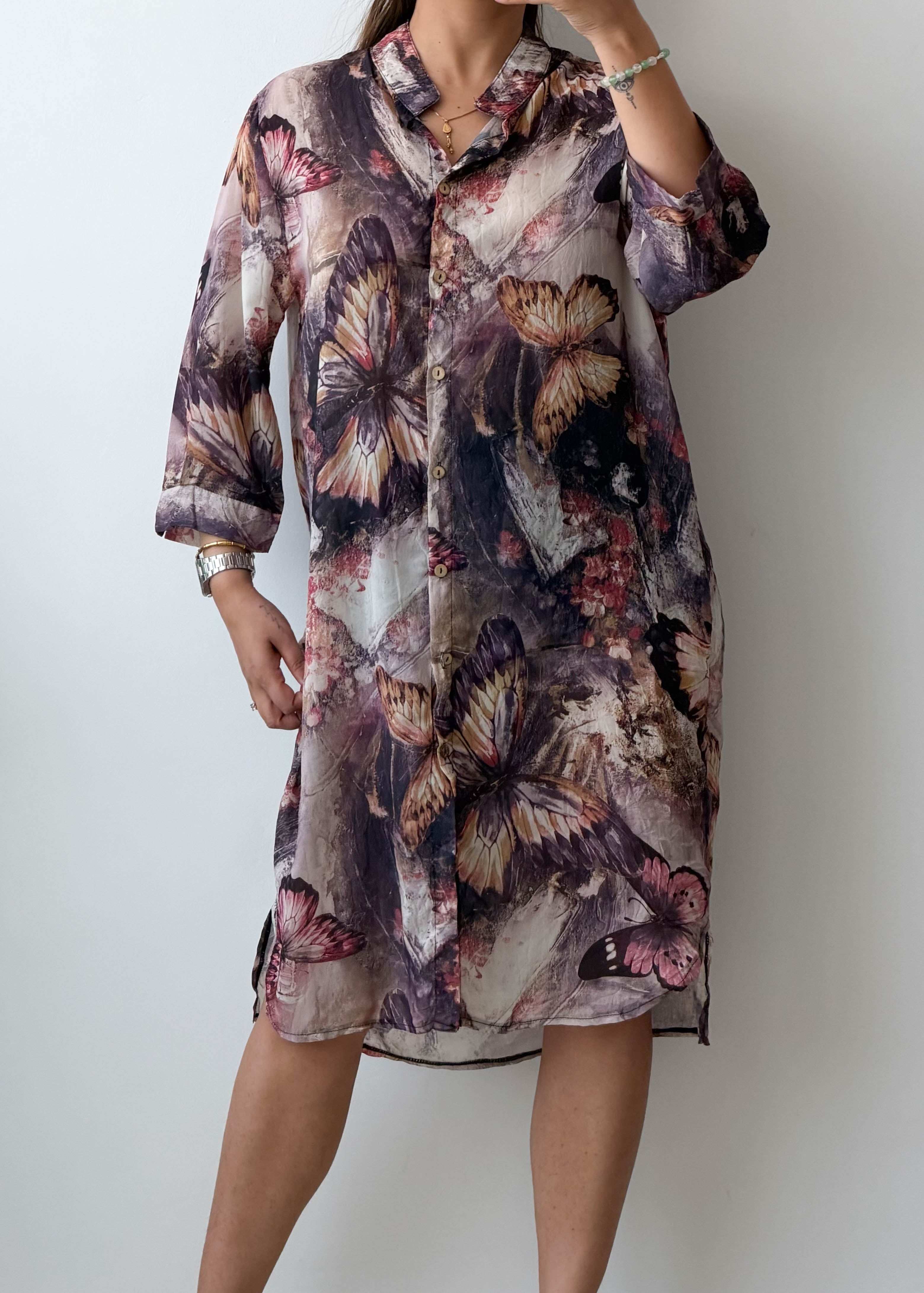 M-L Purple Butterfly Print Shirt Dress