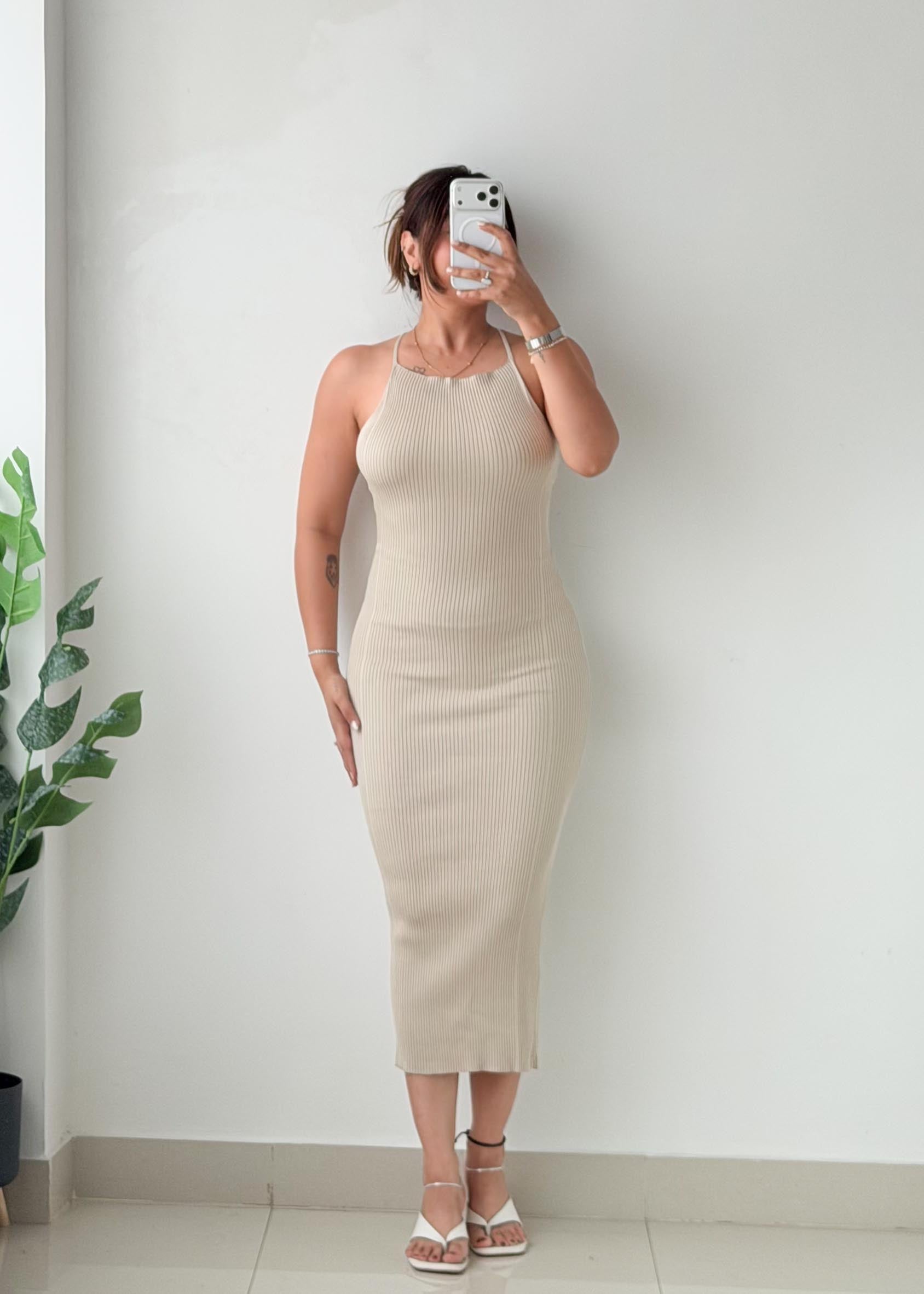Size XS-S Beige Ribbed Midi Dress
