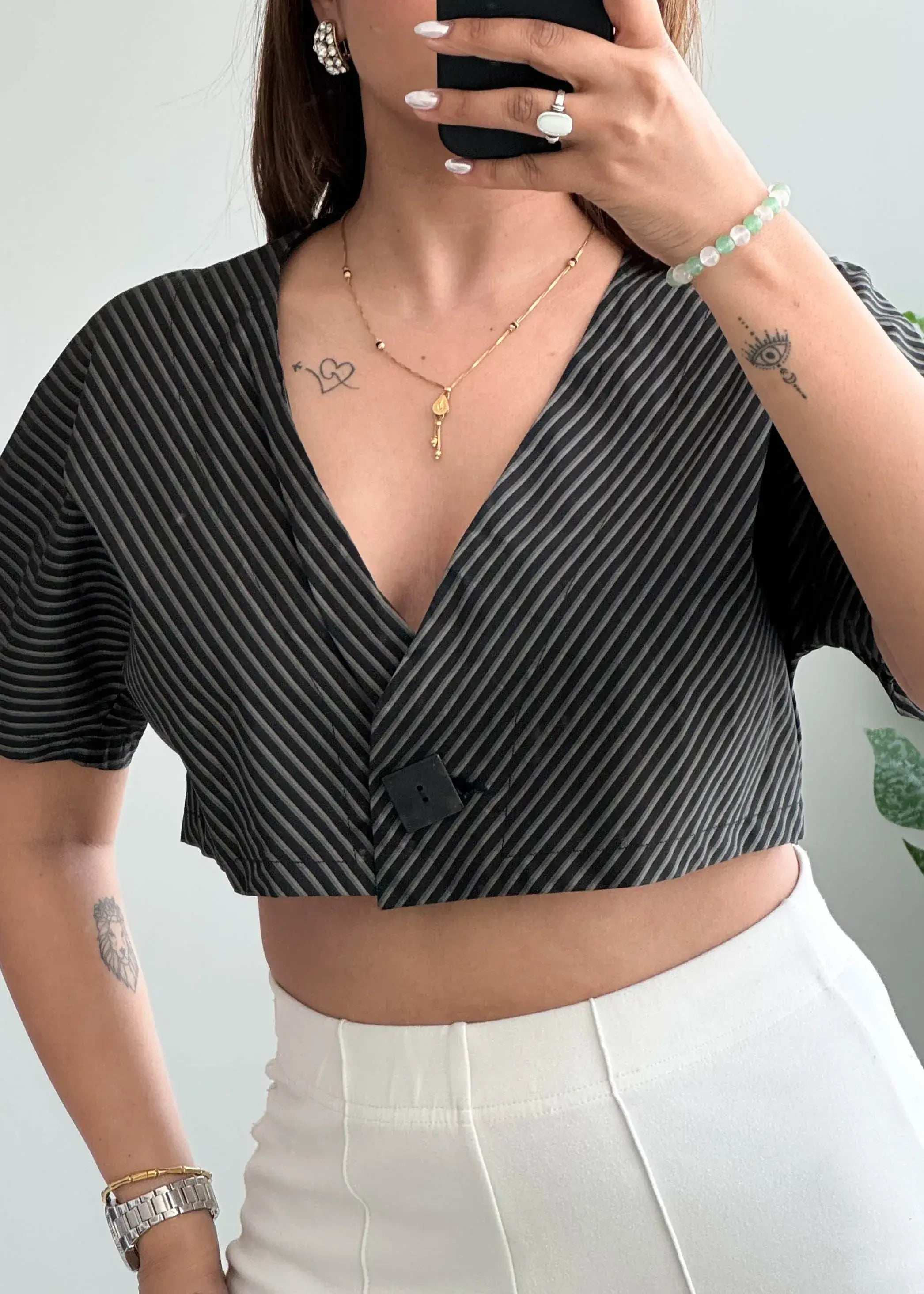 Size S-M, Black Striped V Neck Cropped Blouse - Closet by Payal