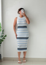 Size L-XL Blue Striped Ribbed Midi Dress
