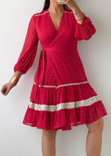 Size XS-S Fuchsia Polka Dot Wrap Mini Dress