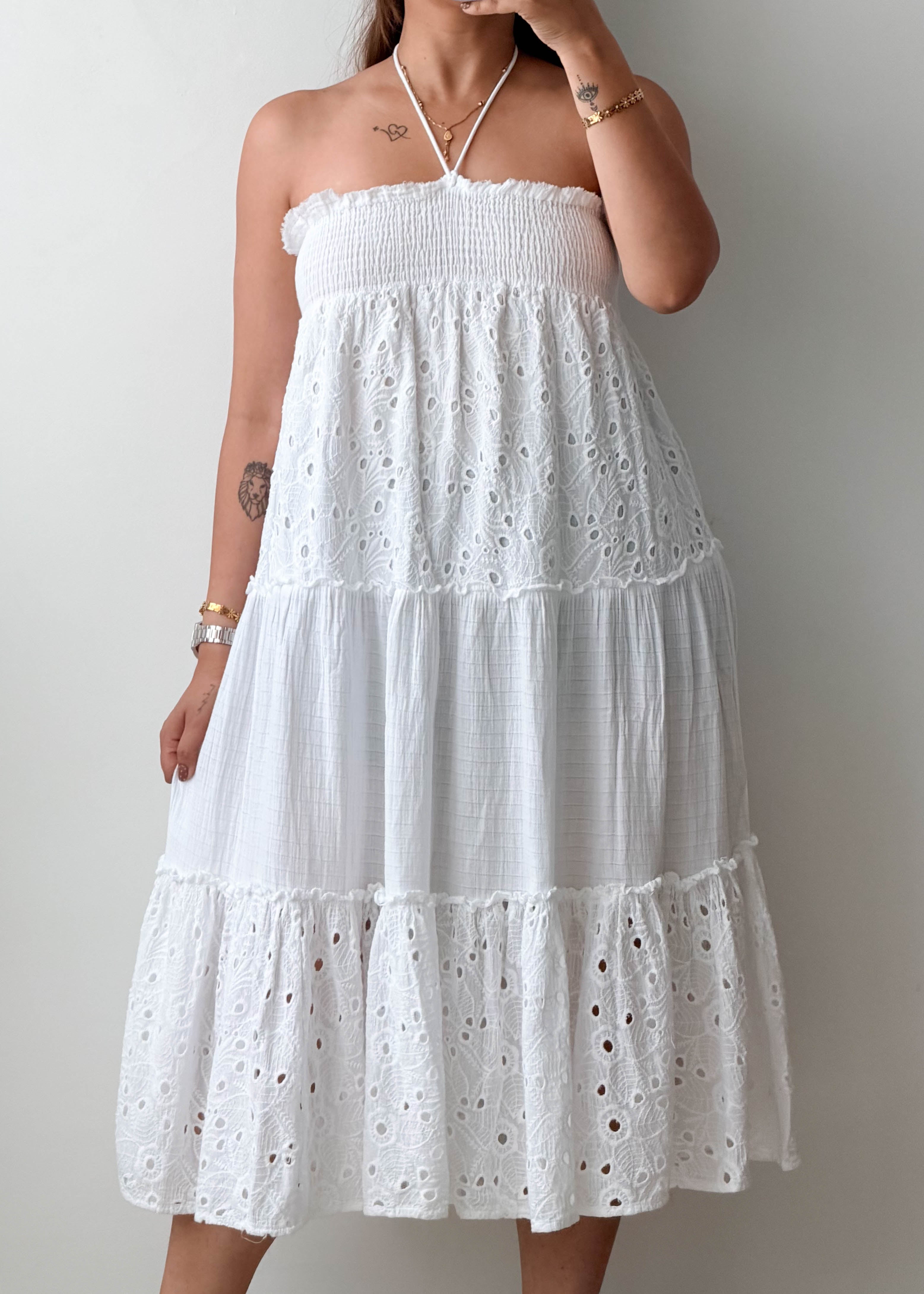 Size M-L White Eyelet Cotton Midi Dress