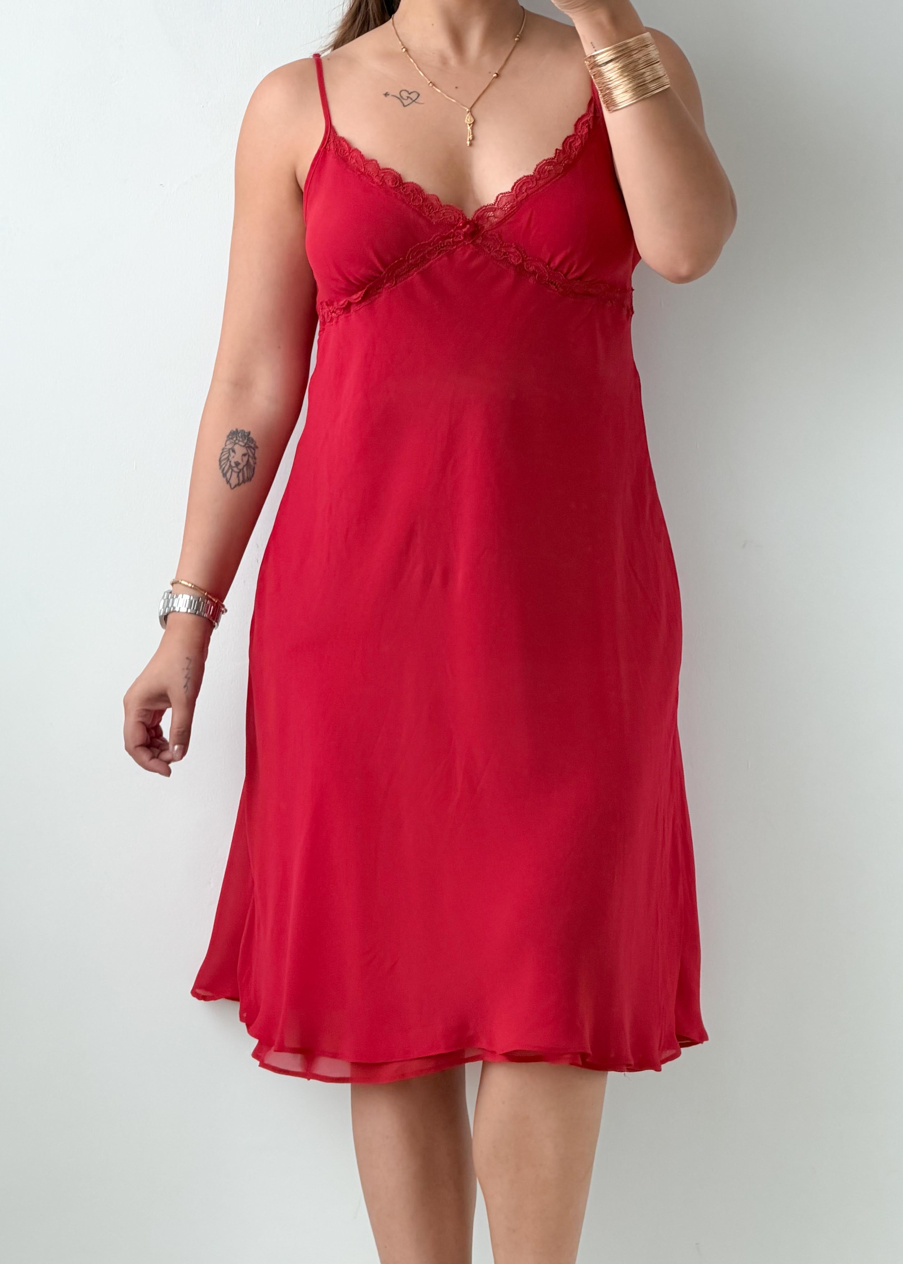 Size L Red Lace Trim Slip Midi Dress