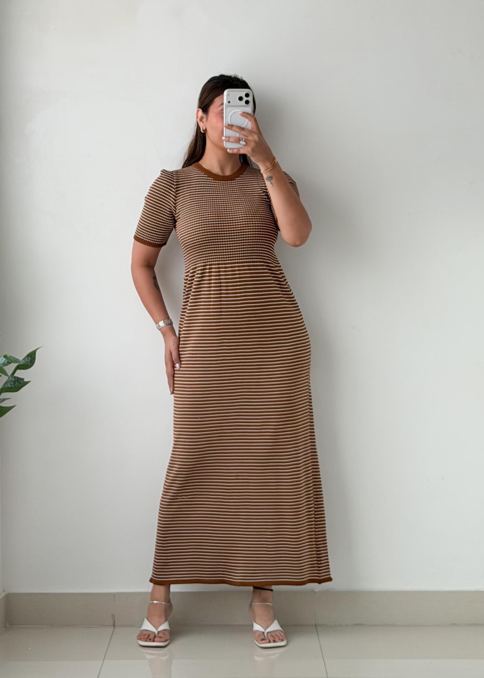 Size XS-S Brown Striped Bodycon Midi Dress