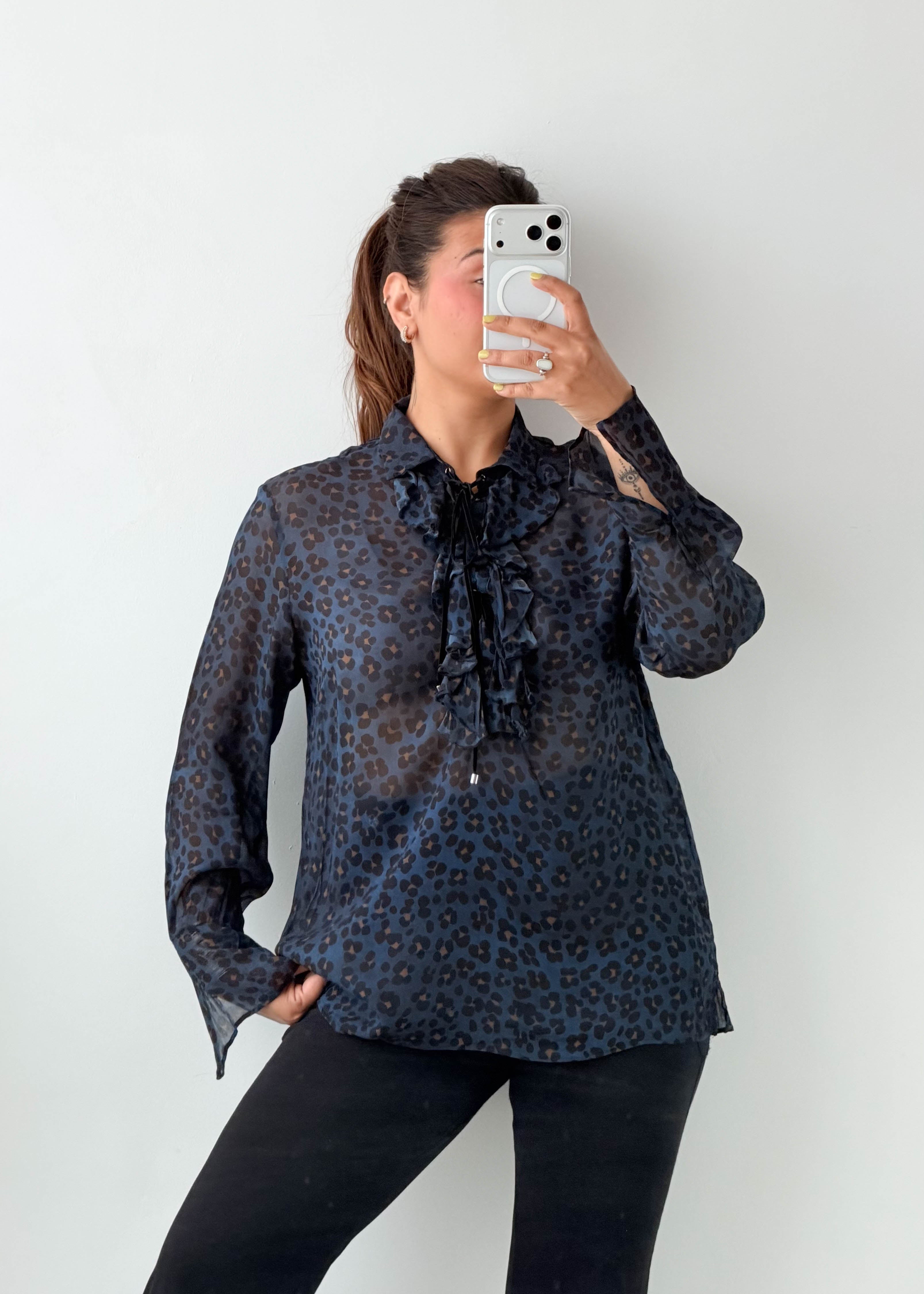 Size S-M Navy Animal Print Ruffle Blouse
