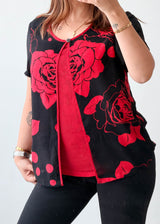 Size S-M Black Red Rose Print Layered Top