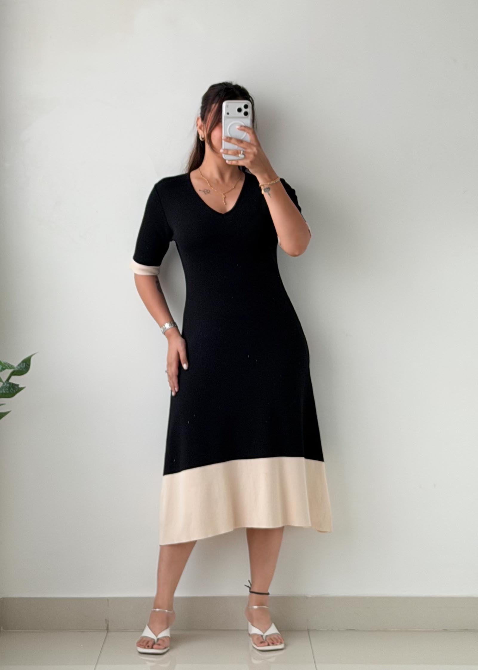 S-M Black & Cream Colorblock Midi Dress
