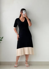 S-M Black & Cream Colorblock Midi Dress
