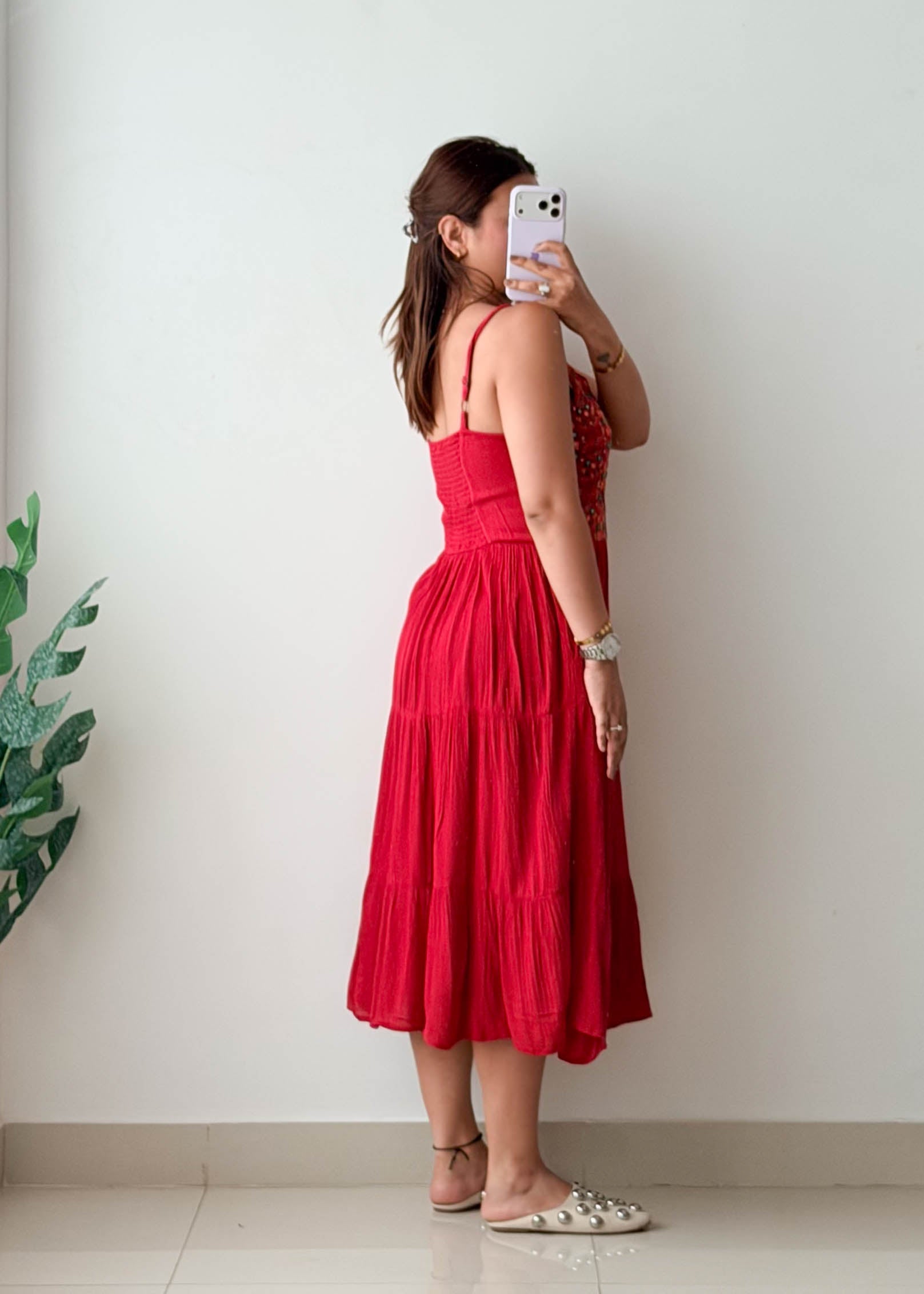 Size M-L Red Embroidered Tiered Midi Dress