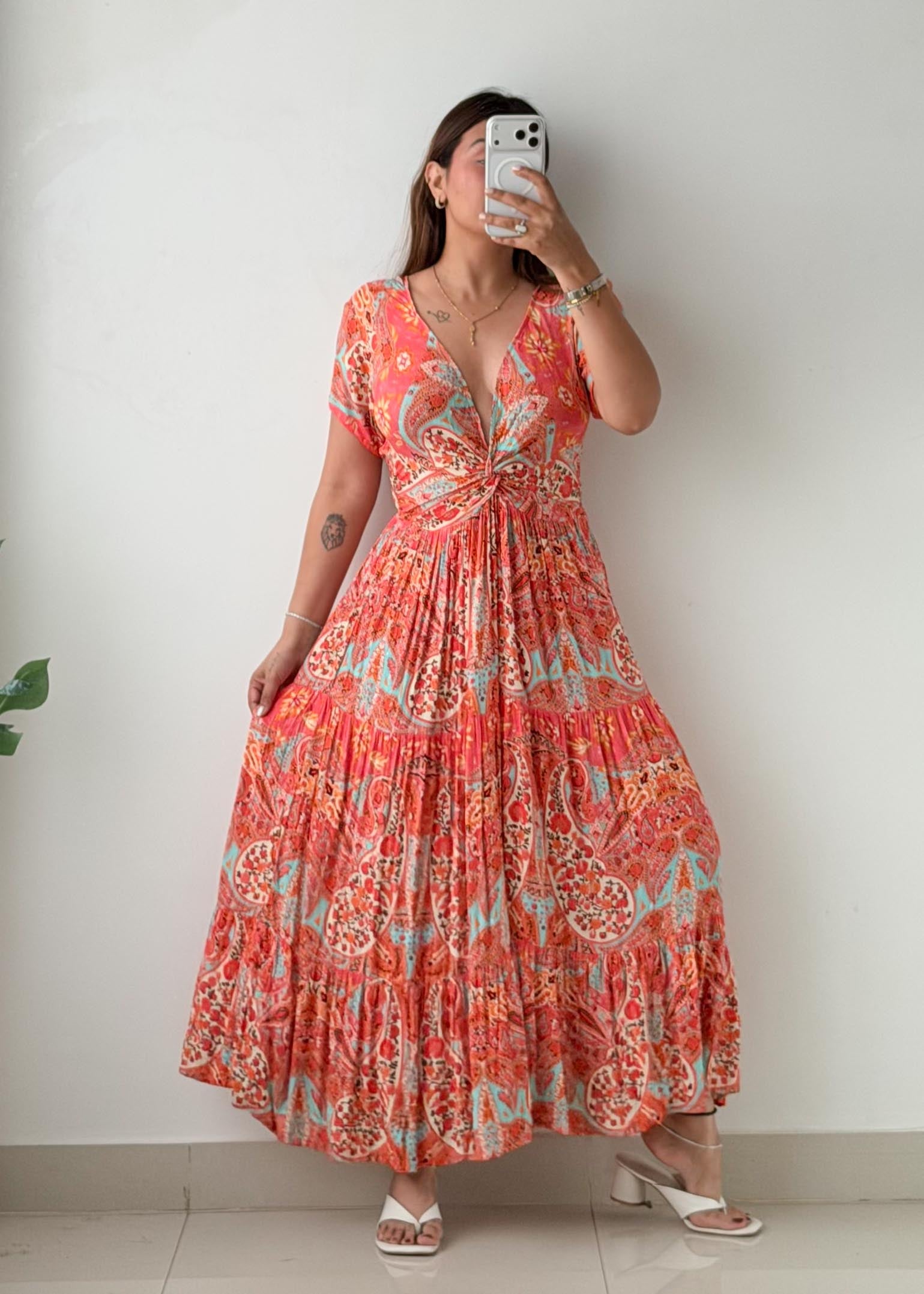 Size XS-S Coral Paisley Print Maxi Dress
