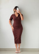 Size XS-S Chocolate Brown Ribbed Polo Midi Dress