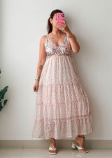 Size M-L Blush Pink Floral Tiered Maxi Dress