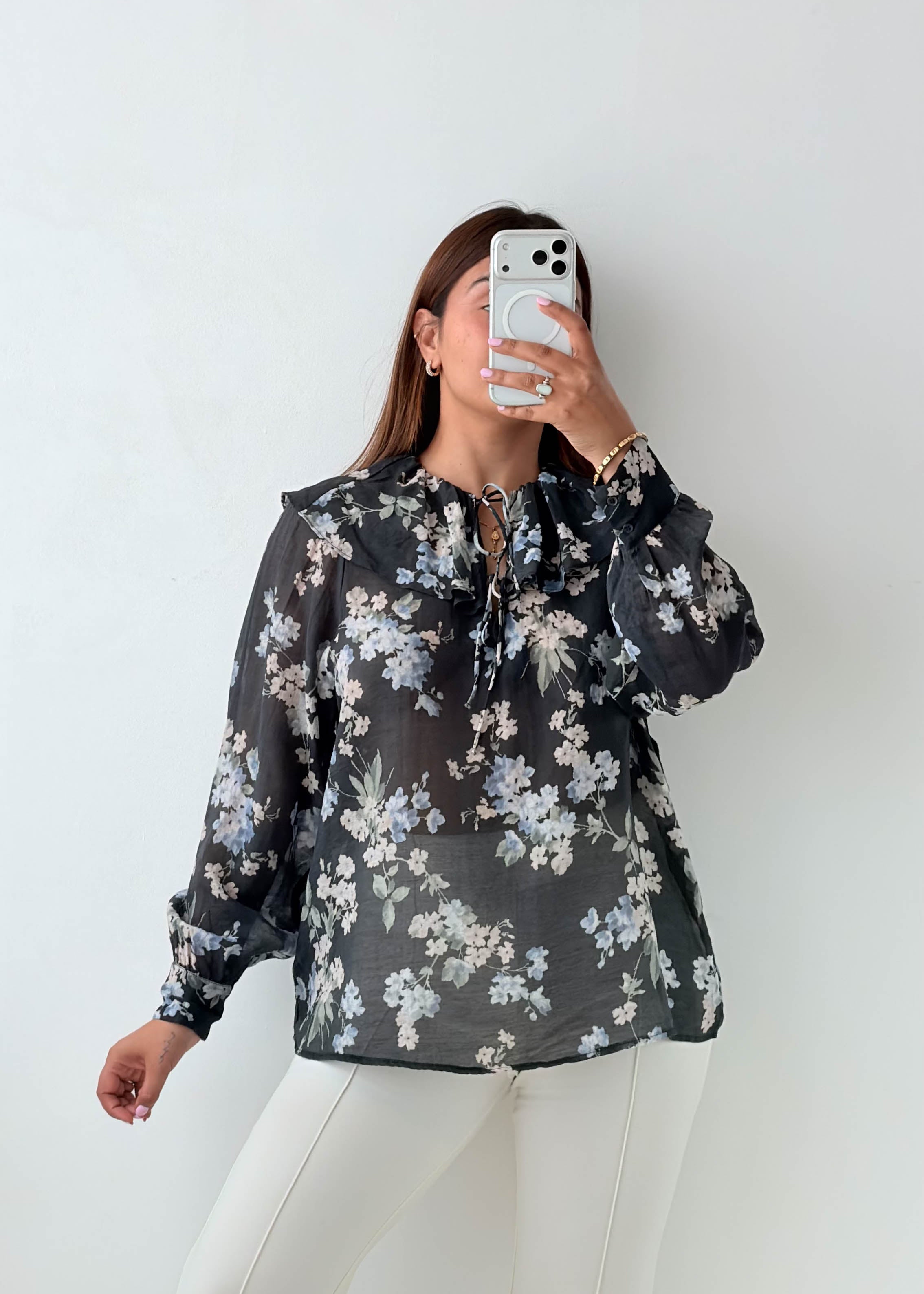 Size S-M Black Floral Sheer Top