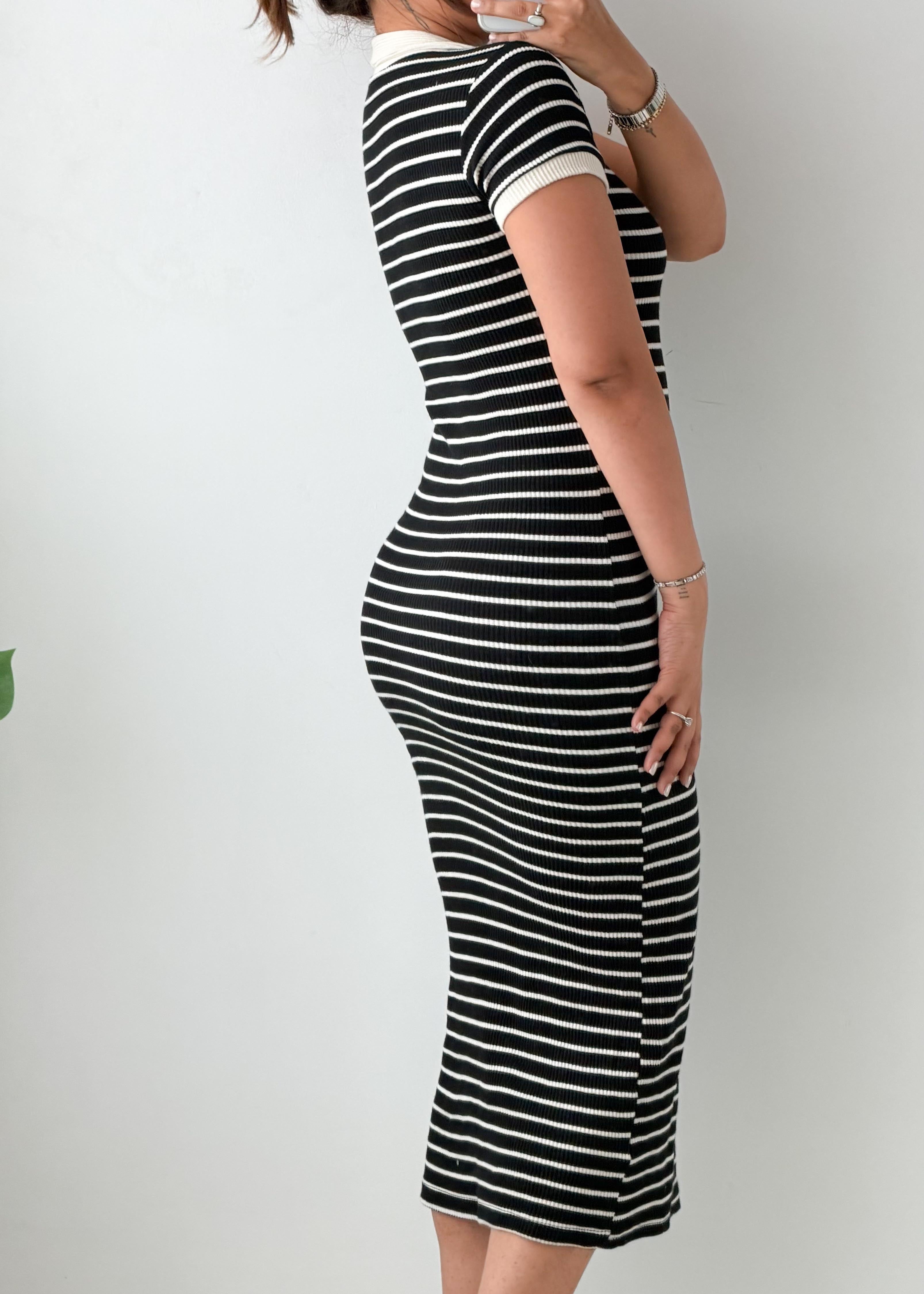 Size XS-S Black & White Striped Ribbed Midi Dress