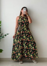Size M-L Black Floral Halter Maxi Dress