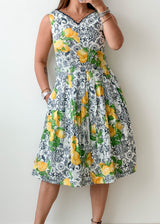 Size S White Lemon Print Fit & Flare Midi Dress