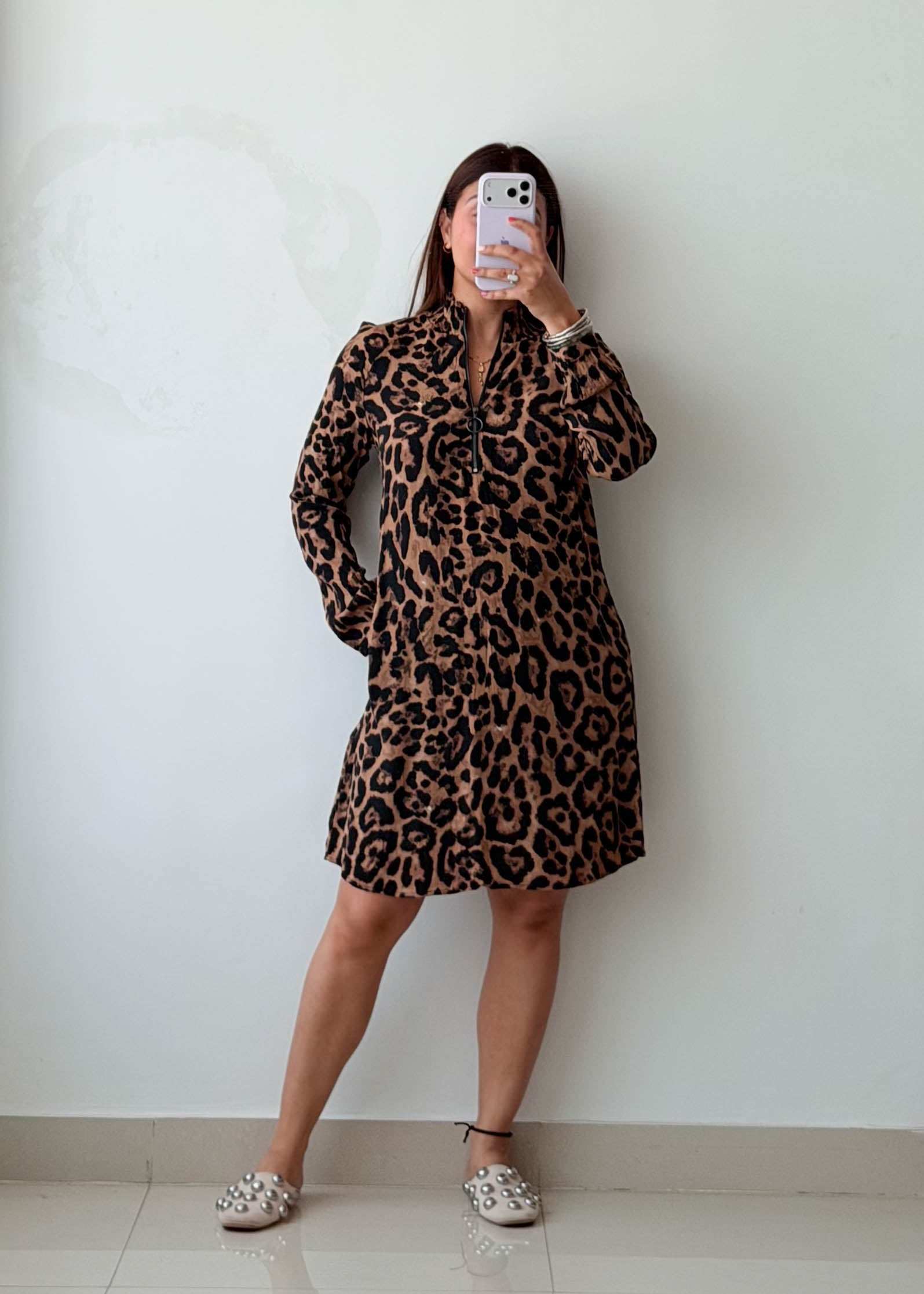 Size S-M Brown Leopard Print Shirt Dress