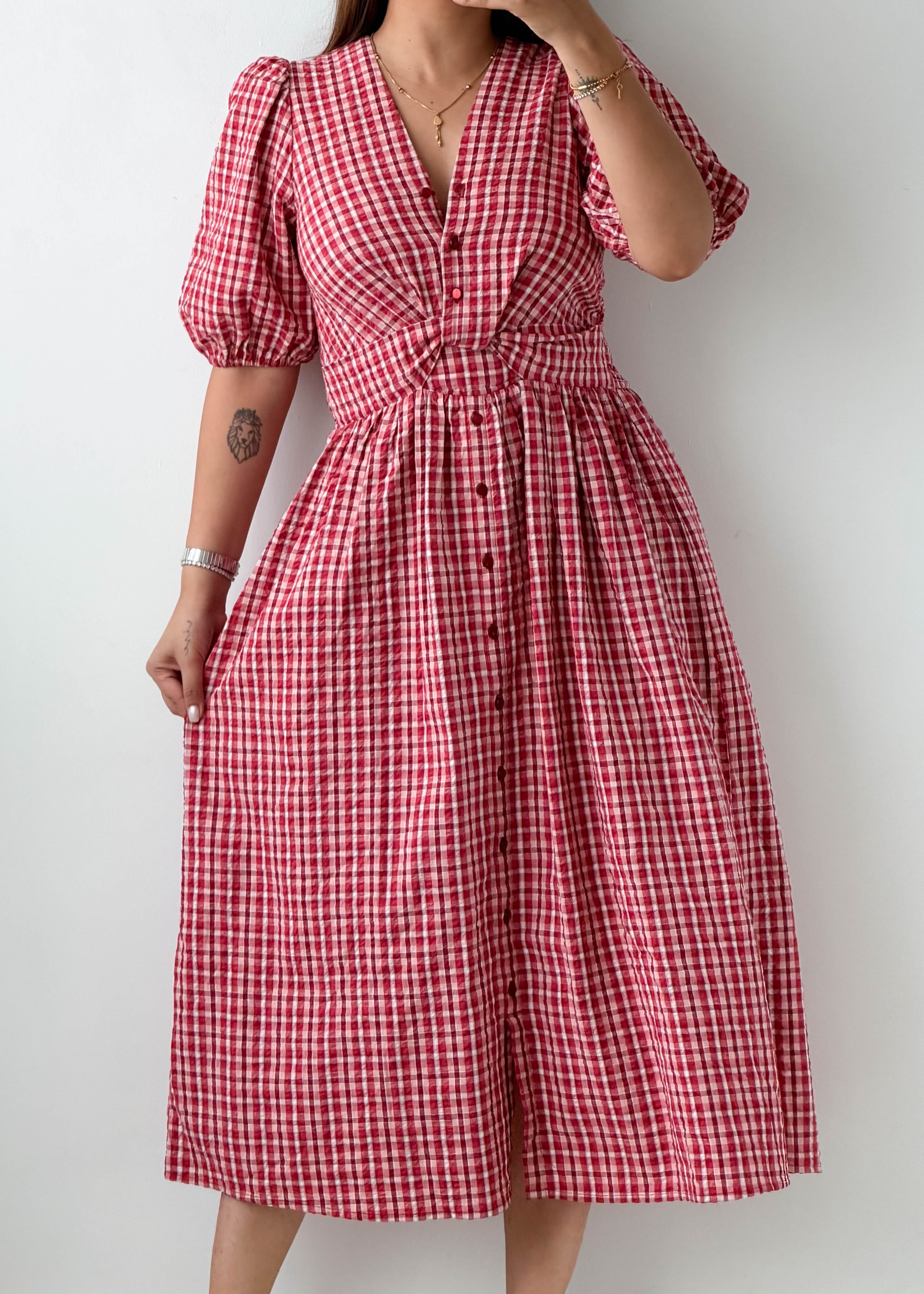 Size S-M Red Gingham Check Midi Dress